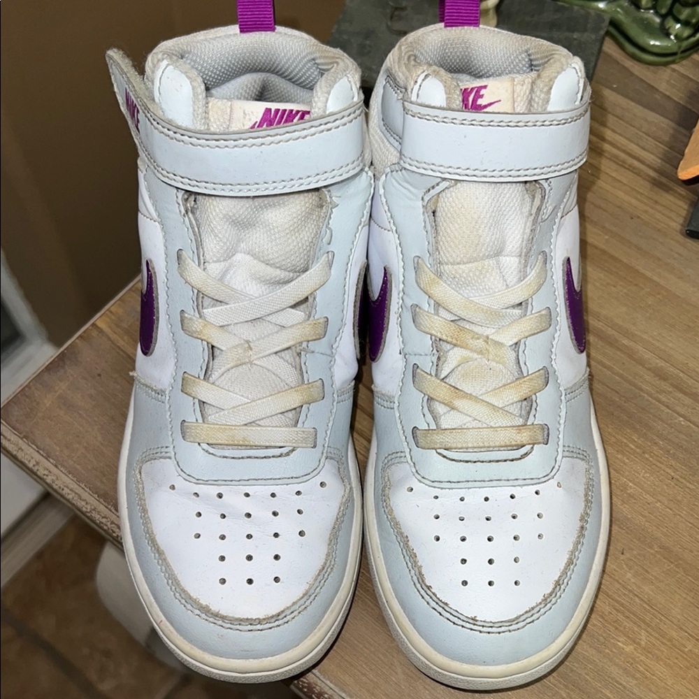 Nike White and Purple High-Top Sneakers with Velcro Strap